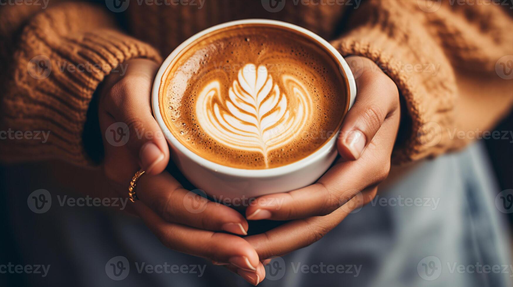 ai generiert ein fest Aussicht von Hände umklammern ein Becher von Cappuccino-Stil Kaffee Anzeige ein still, Inhalt Stimmung während meditieren. foto