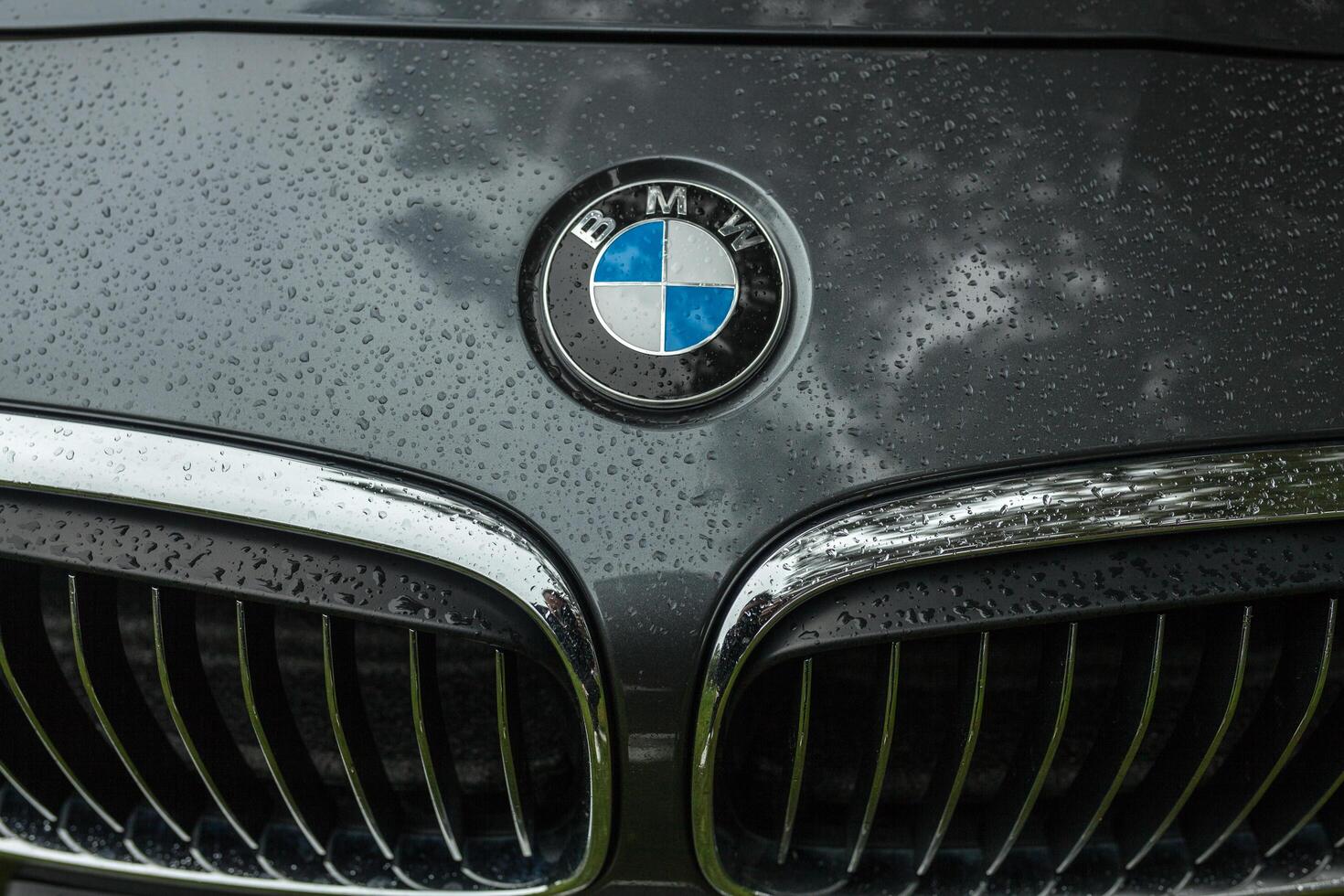 Crozon, Frankreich - - kann 29., 2018 BMW Motor- Unternehmen Abzeichen auf das Vorderseite von ein schwarz Wagen. BMW ist ein Deutsche Automobil, Motorrad und Motor Herstellung Unternehmen Gegründet im 1916 foto