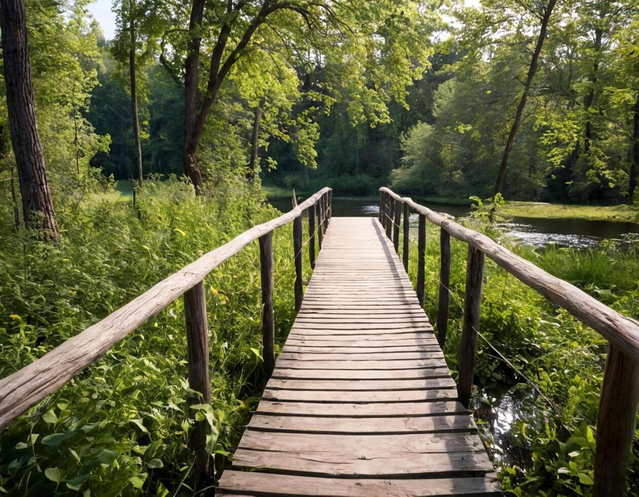 ai generiert hölzern Brücke im das Wald, schön Sommer Brücke und See im natürlich hölzern Pfad Panorama Bild foto