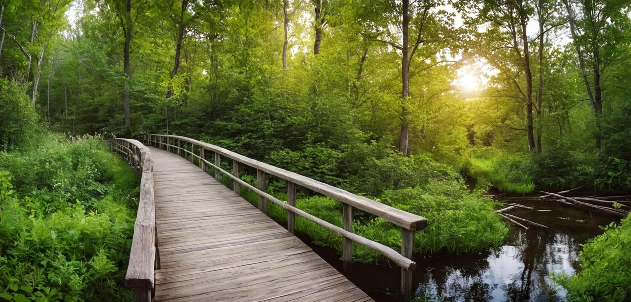 ai generiert hölzern Brücke im das Wald, schön Sommer Brücke und See im natürlich hölzern Pfad Panorama Bild foto