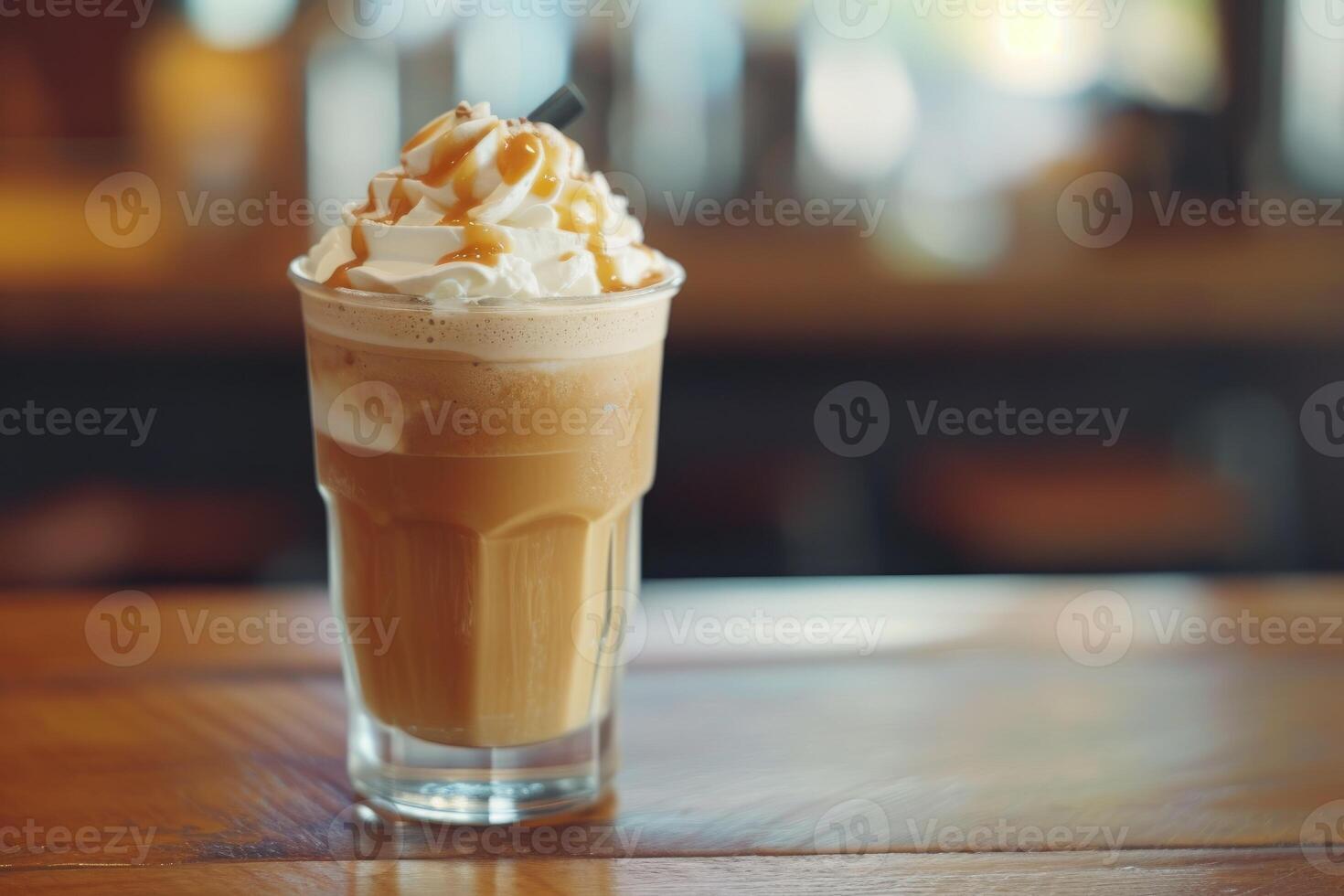 ai generiert Süss Wonne, nippen auf ein Karamell Frappuccino mit ausgepeitscht Creme. generativ ai foto