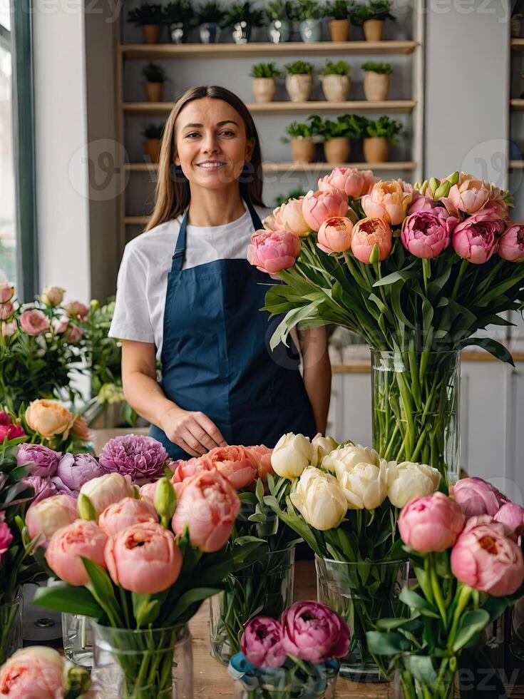 ai generiert Frau Florist sammelt ein Strauß von Pionen- frisch Schnitt Blumen im Kisten und Vasen im Blume Geschäft und Gestelle zum Verkauf, Lieferung zum das Urlaub. Frühling, März 8, Damen Tag, Geburtstag foto