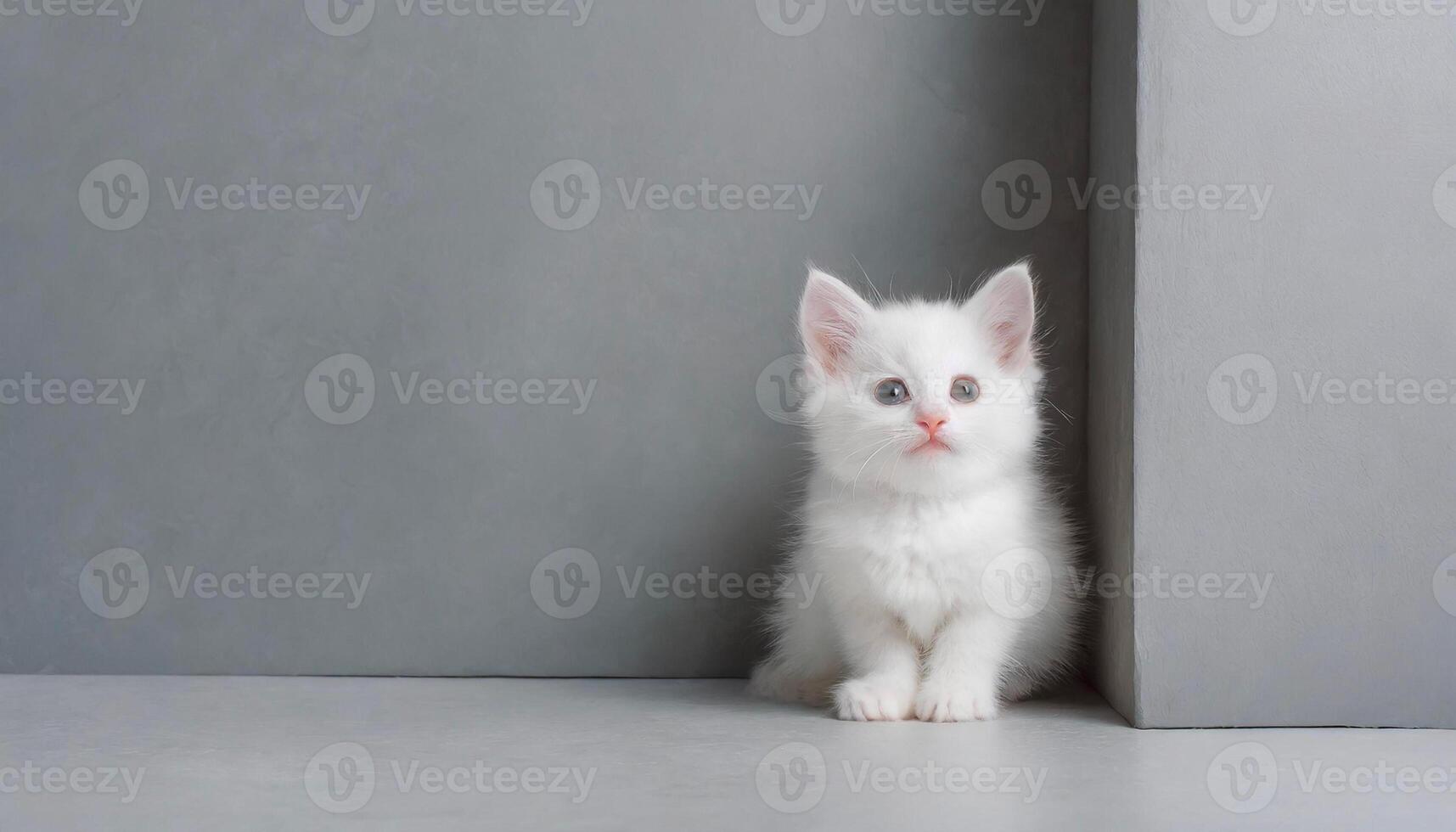 ai generiert Weiß Baby Kätzchen auf das grau Hintergrund, minimalismusgeneriert Bild foto