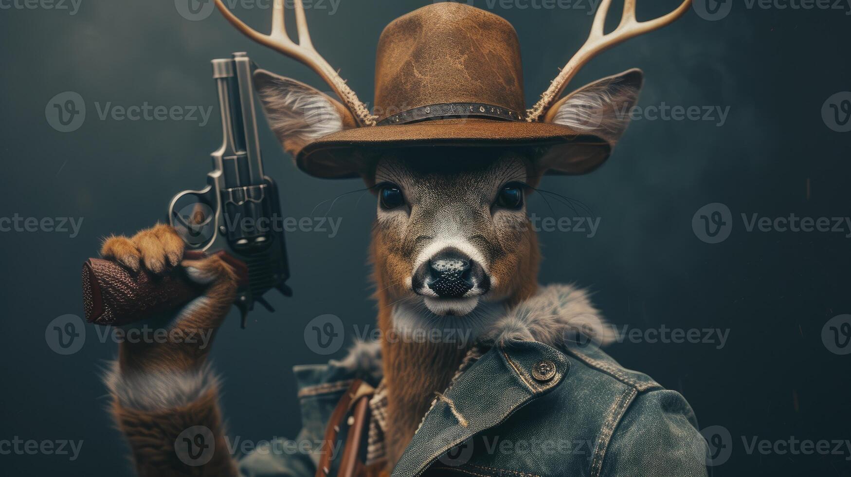ai generiert Hirsch im ein stilvoll Hut schwenkt ein Feuerwaffe zuversichtlich, ai generiert foto