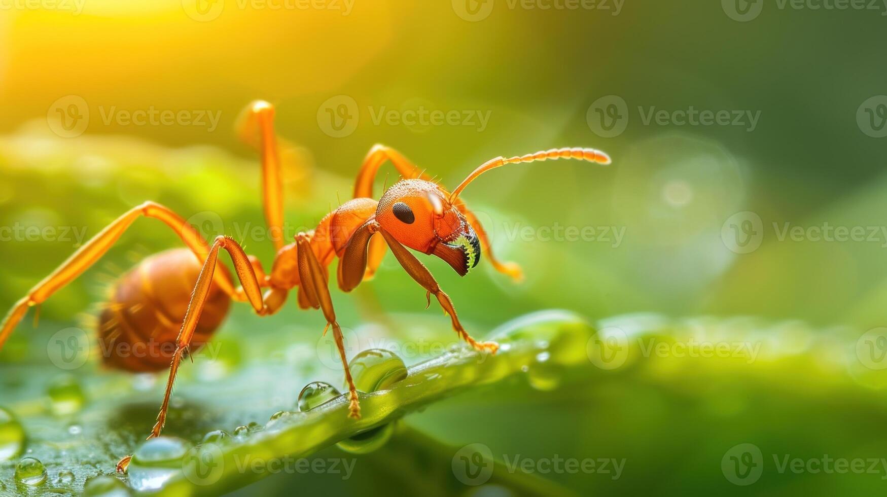 ai generiert Ultra Makro Schuss von ein Ameise navigieren ein Tautropfen Gras Klinge. generativ ai foto