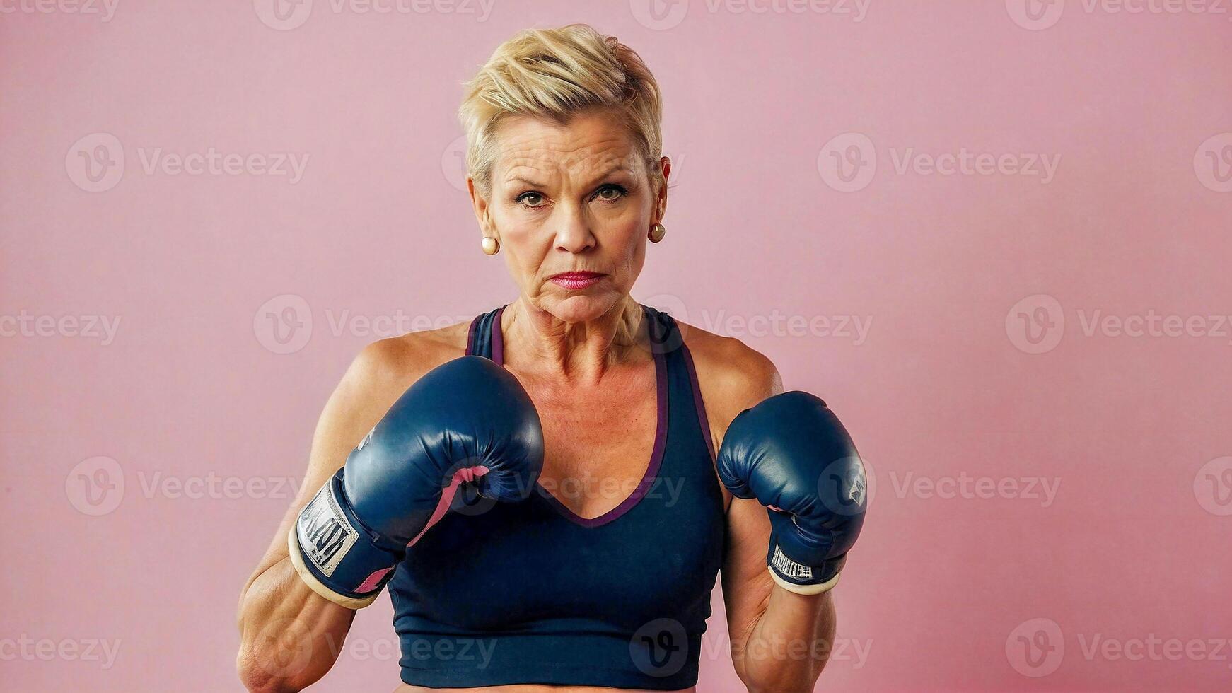 ai generiert sexy Senior reifen Frau tragen Boxen Handschuhe bereit zu Kampf foto