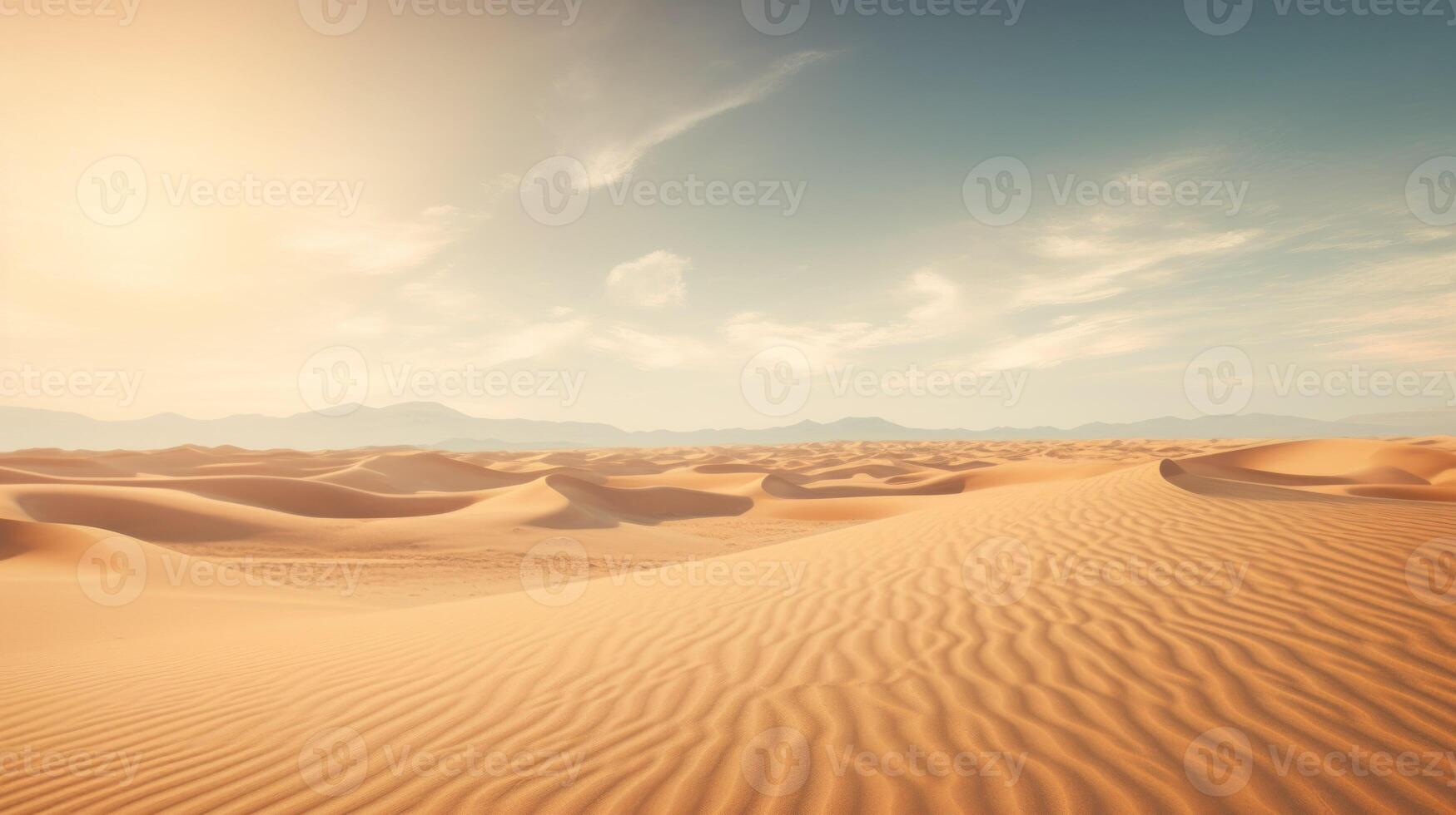 ai generiert schön arabisch Wüste mit warm Farben.golden Sand Düne Wüste Landschaft Panorama. schön Über das Sand Dünen im das arabisch, berührt durch das golden Strahlen von das Rahmen Sonne. foto