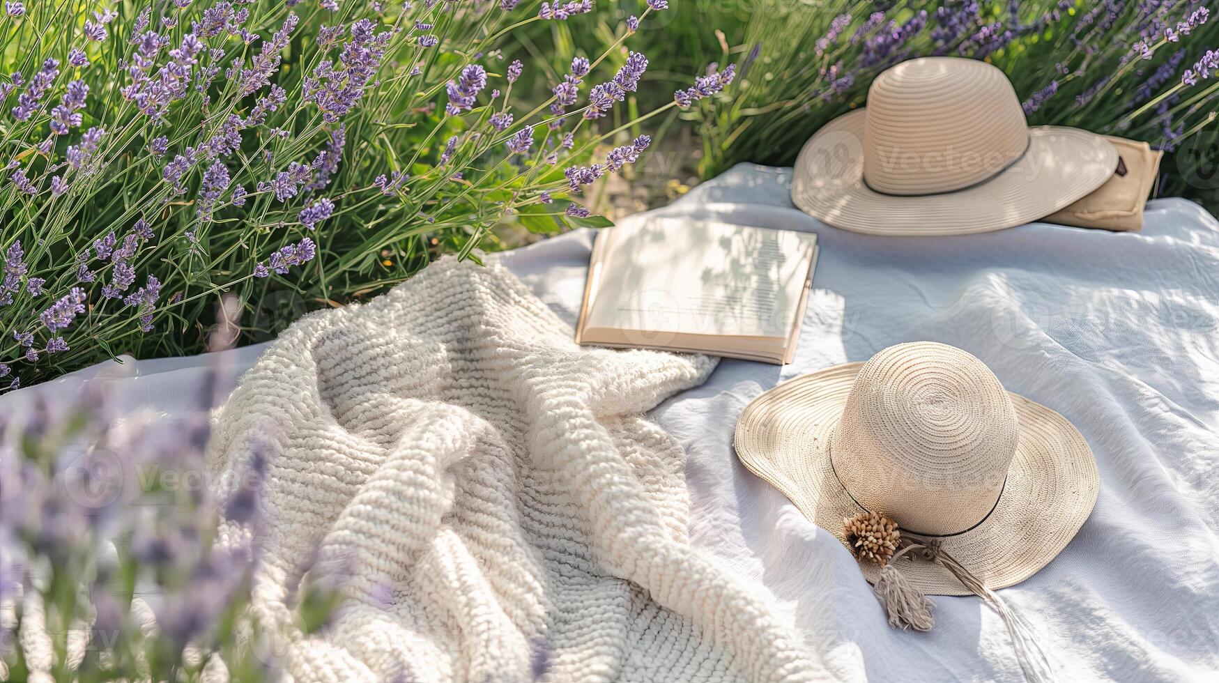 ai generiert heiter Sommer- Nachmittag unter Blühen Lavendel foto