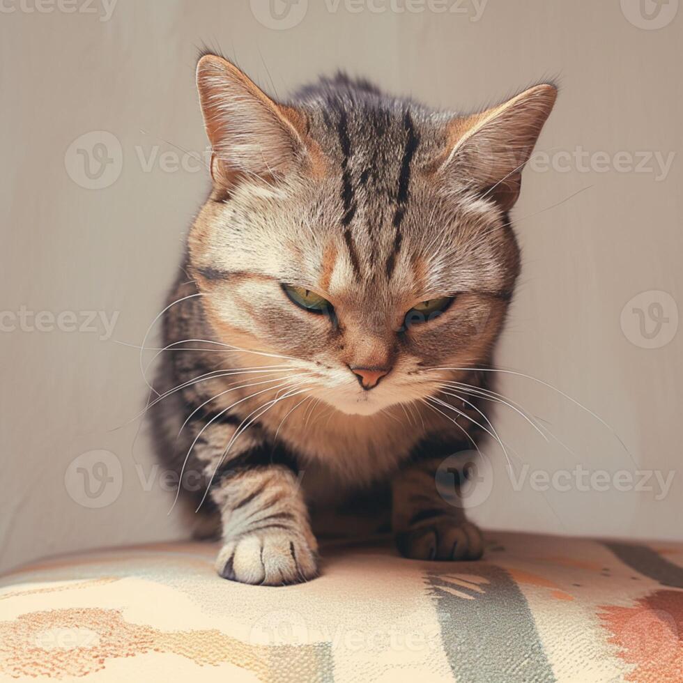 ai generiert kurz behaart Tabby Katze posiert arrogant, ein komisch und süß Porträt zum Sozial Medien Post Größe foto