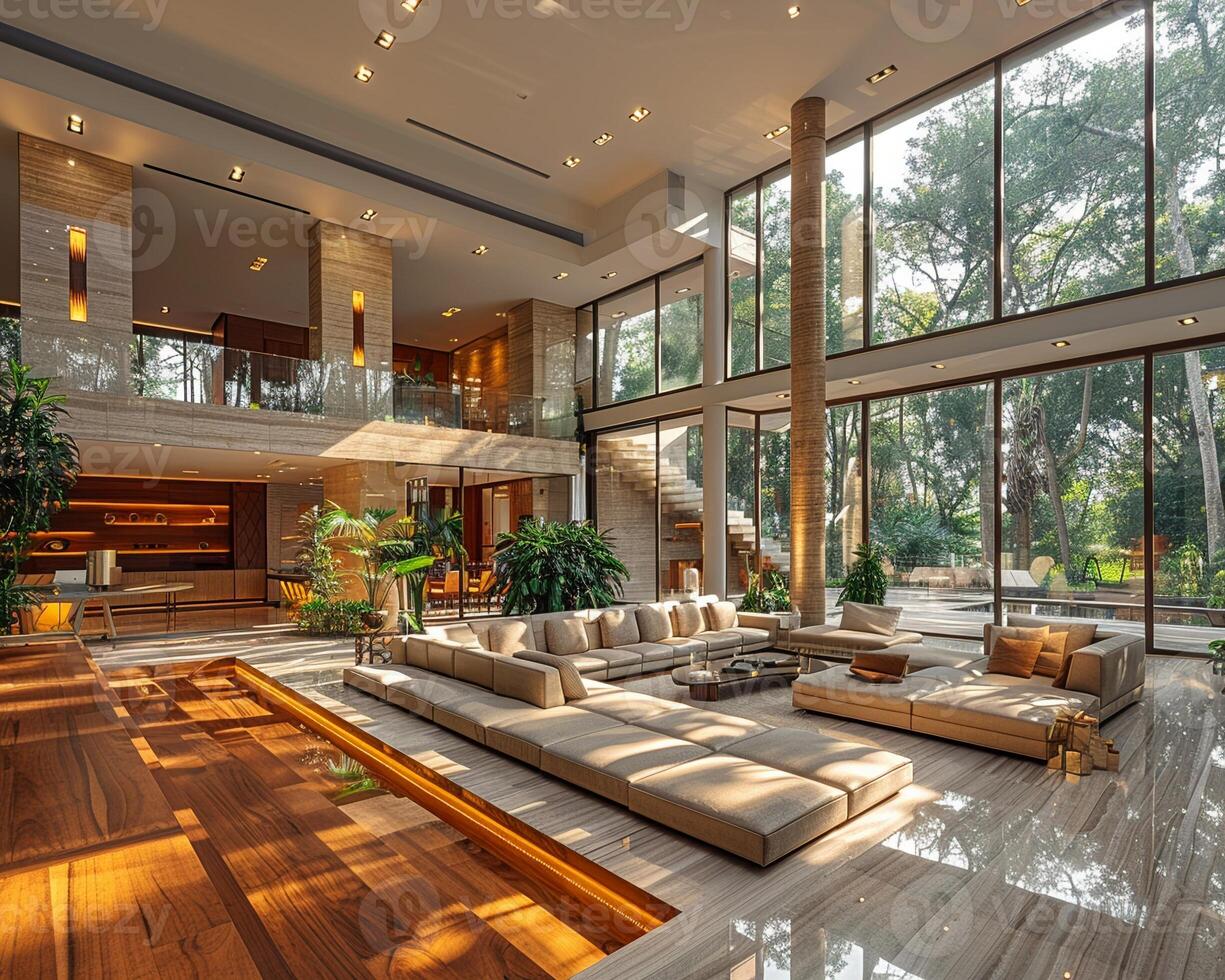 ai generiert Modernist Villa mit öffnen Räume natürlich Licht foto