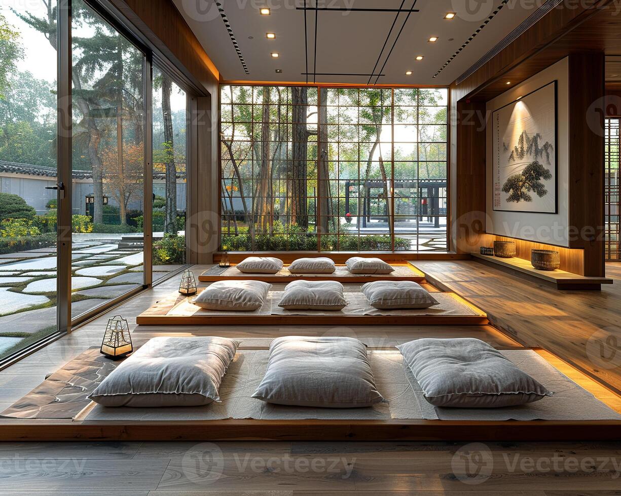 ai generiert Zen Meditation Zimmer mit Tatami Matten ein niedrig Tabelle foto