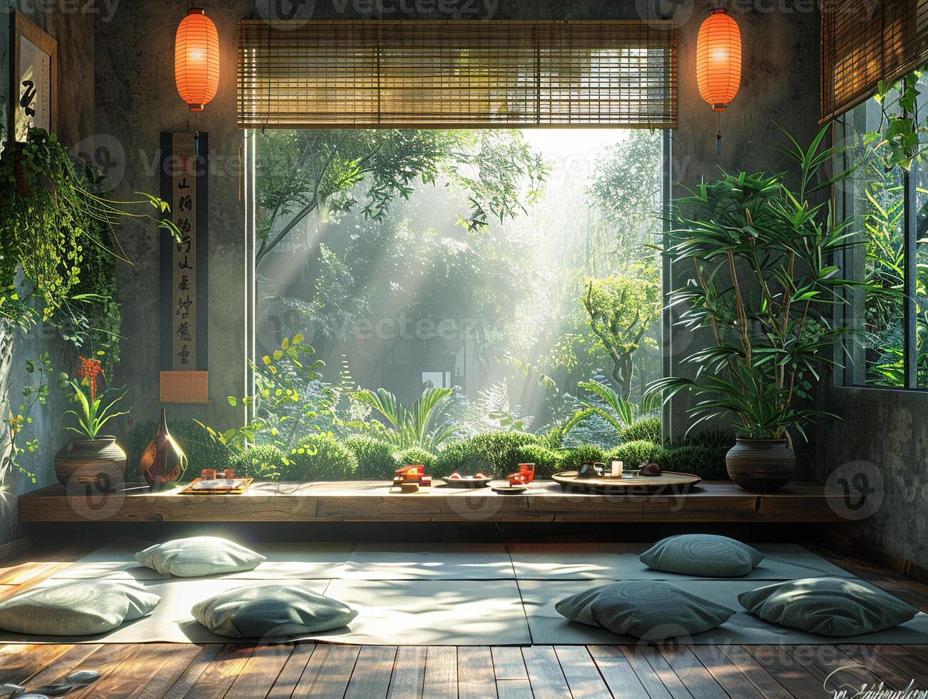 ai generiert Zen Meditation Zimmer mit Tatami Matten ein niedrig Tabelle foto