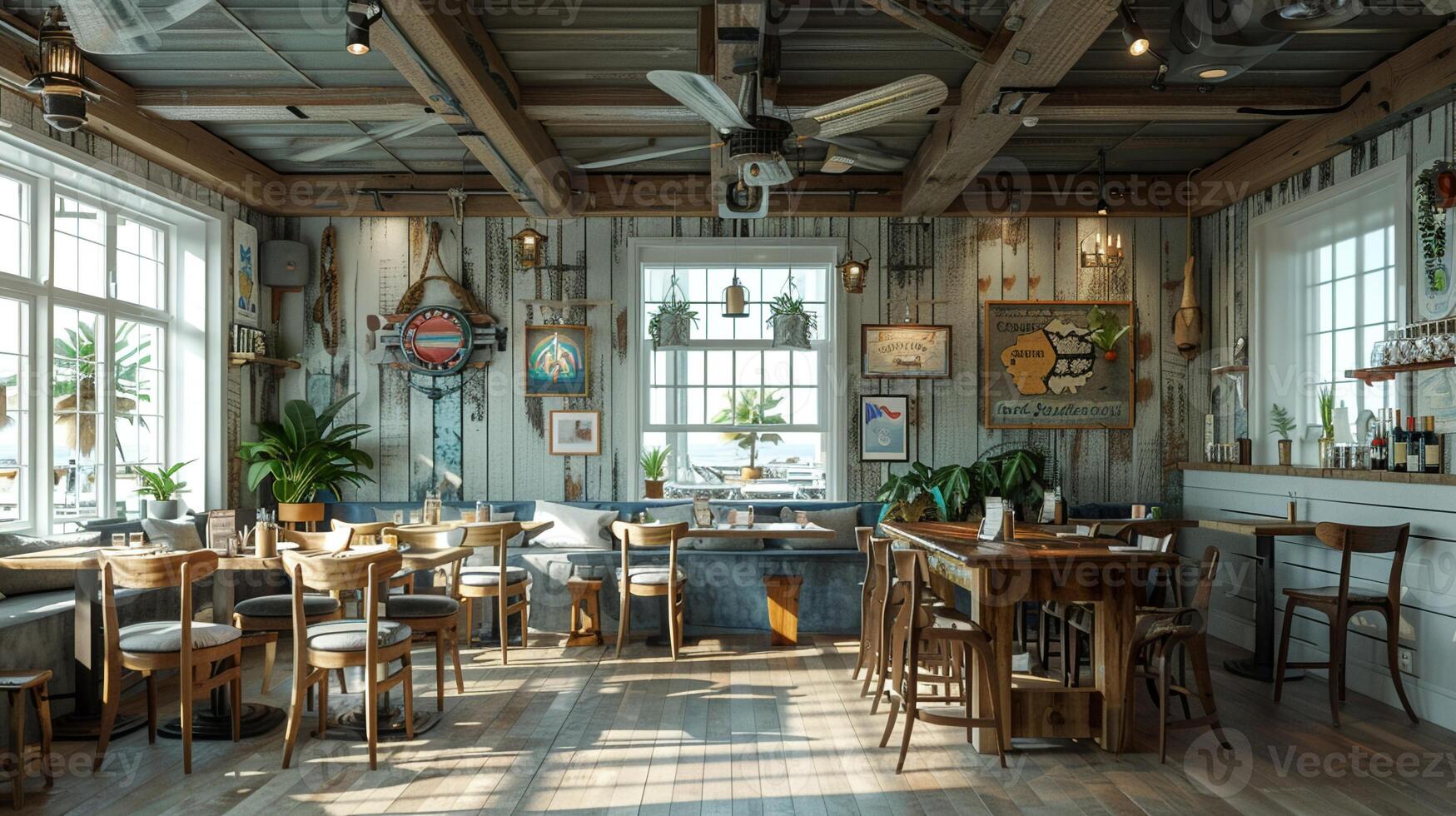 ai generiert Strand Meeresfrüchte Restaurant mit am Hafen Ansichten und nautisch dekor3d machen foto