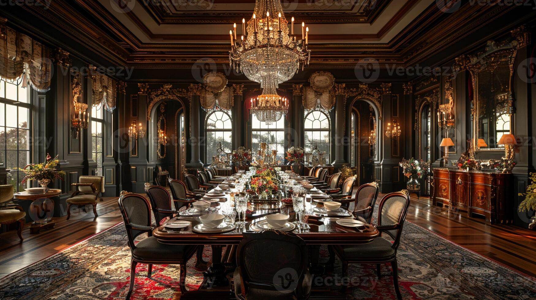 ai generiert opulent Essen Zimmer mit ein Kristall Leuchter und elegant Tabelle Rahmen foto