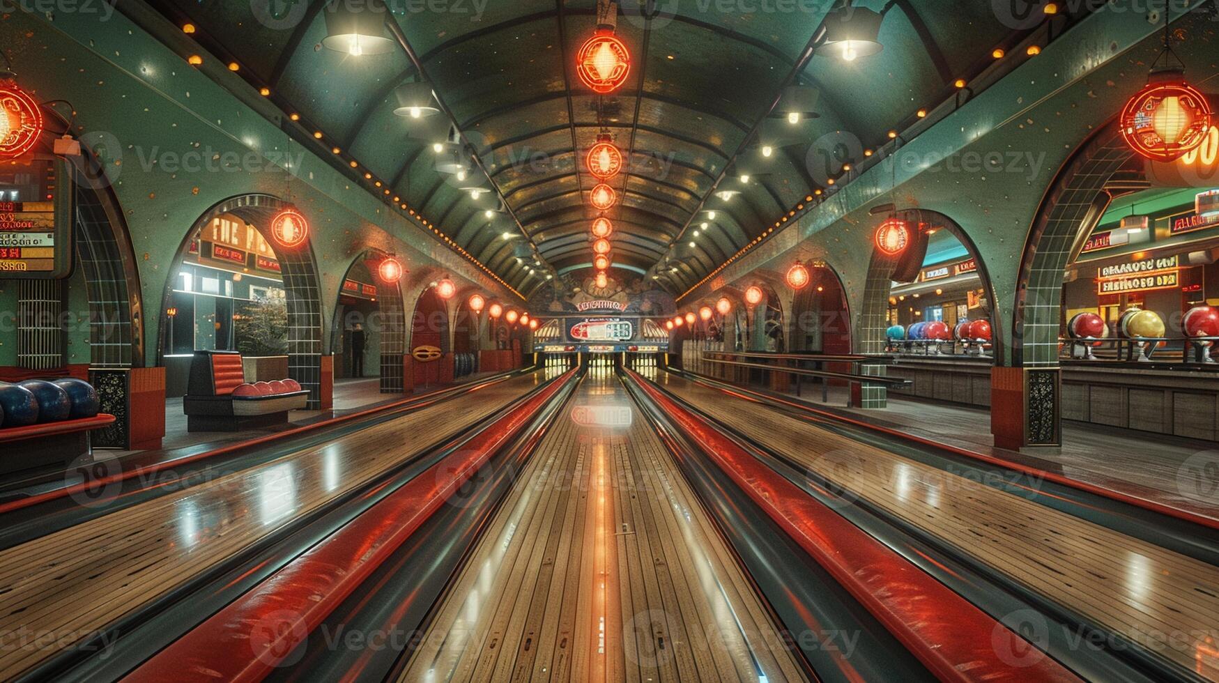 ai generiert retro Bowling Gasse mit Jahrgang Fahrspuren und ein klassisch Snack Bar foto