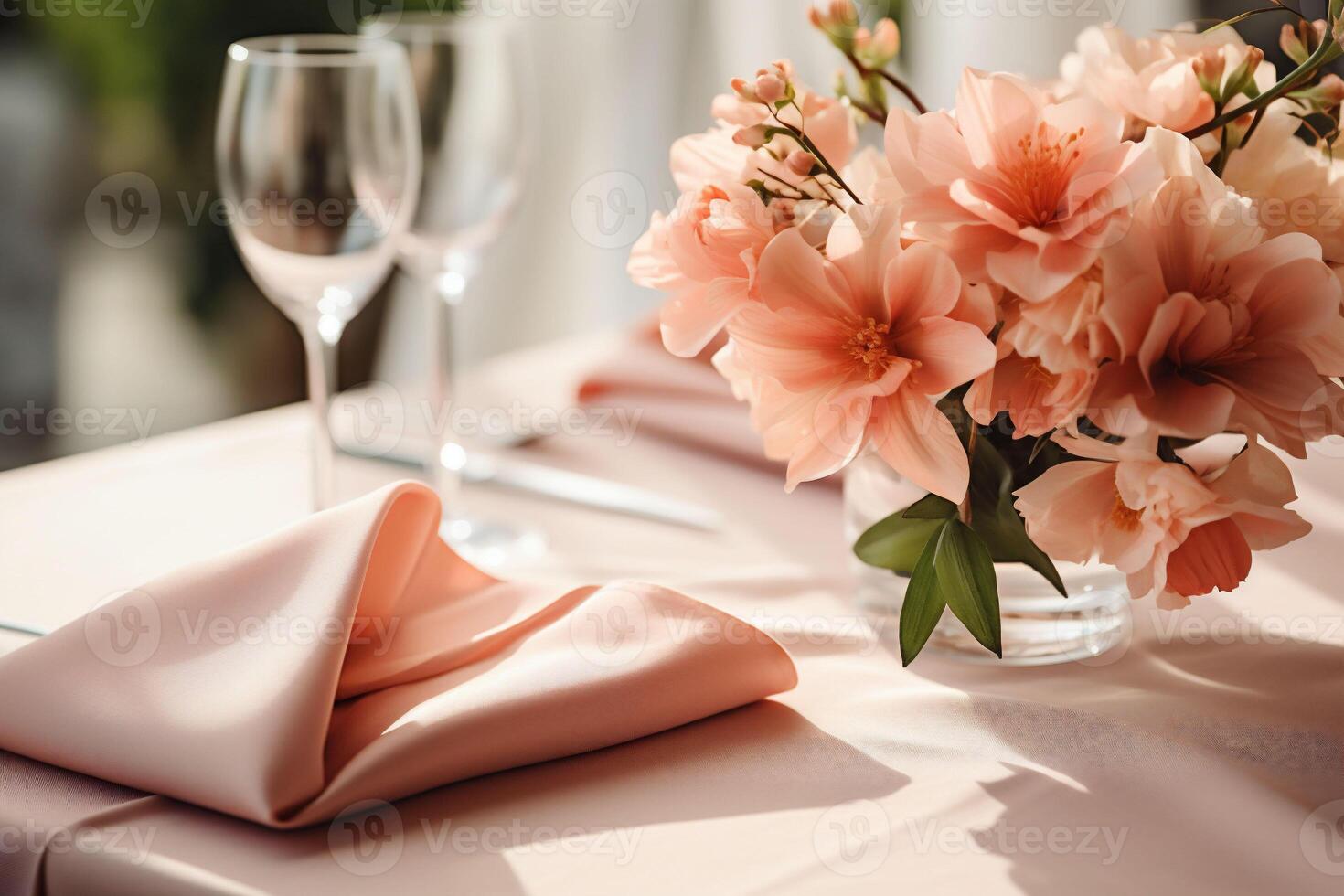 ai generiert ein Tabelle mit Pfirsich Flaum Farbe Blumen und Gewebe ein Rosa Tischdecke verschwommen Wein Brille auf das Hintergrund Hochzeit Abendessen einstellen hoch. Feier Kopieren Raum foto