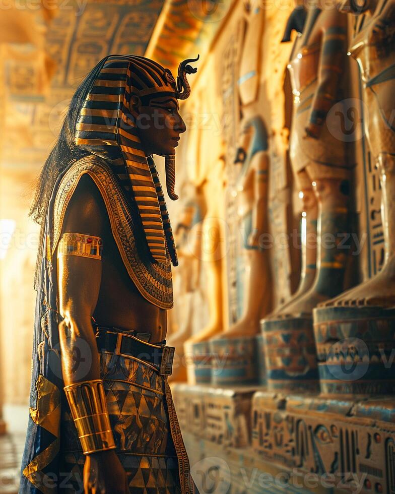 ai generiert uralt ägyptisch Pharao, königlich Kleid, aufwendig gestickt mit Hieroglyphen und Bilder von Götter und Göttinnen, erzählen Erzählungen von das uralt Zivilisation das Szene ist einstellen im das großartig foto