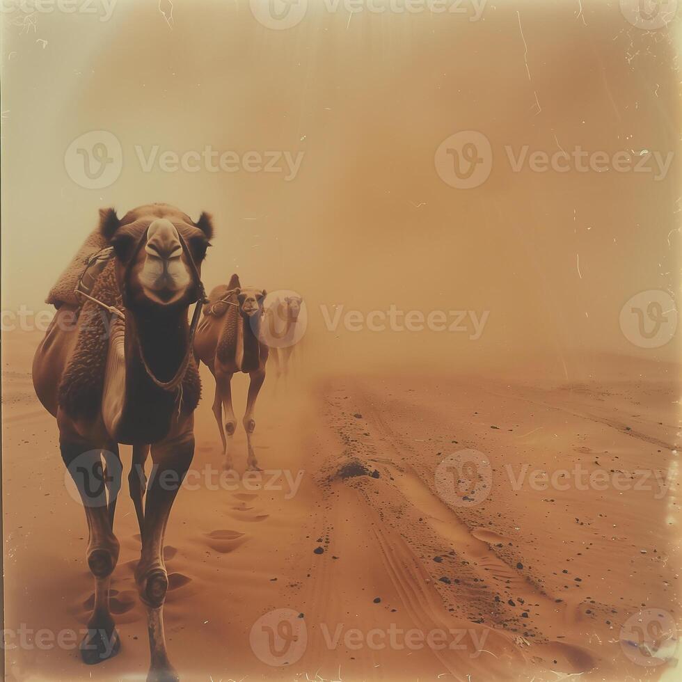 ai generiert Kamel Wohnwagen durch das Sahara Wüste im ein Sand Sturm.generativ ai foto