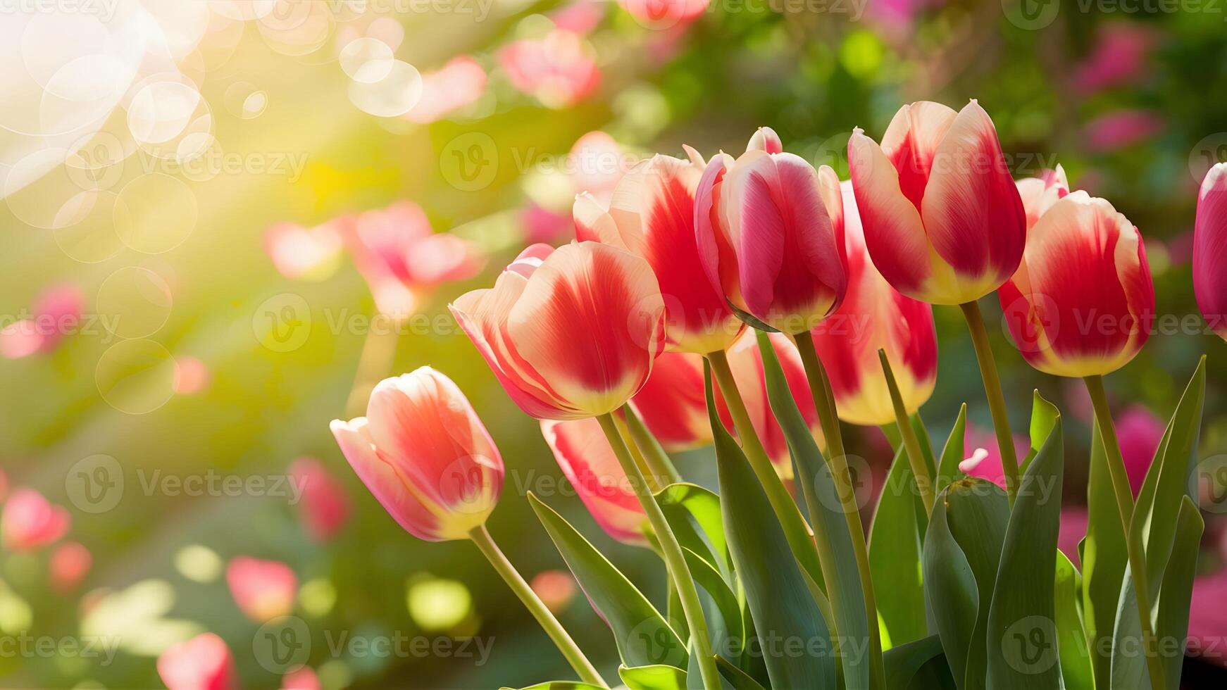 ai generiert fesselnd Bokeh verbessert hell Frühling Tulpen im Blumen- Hintergrund foto