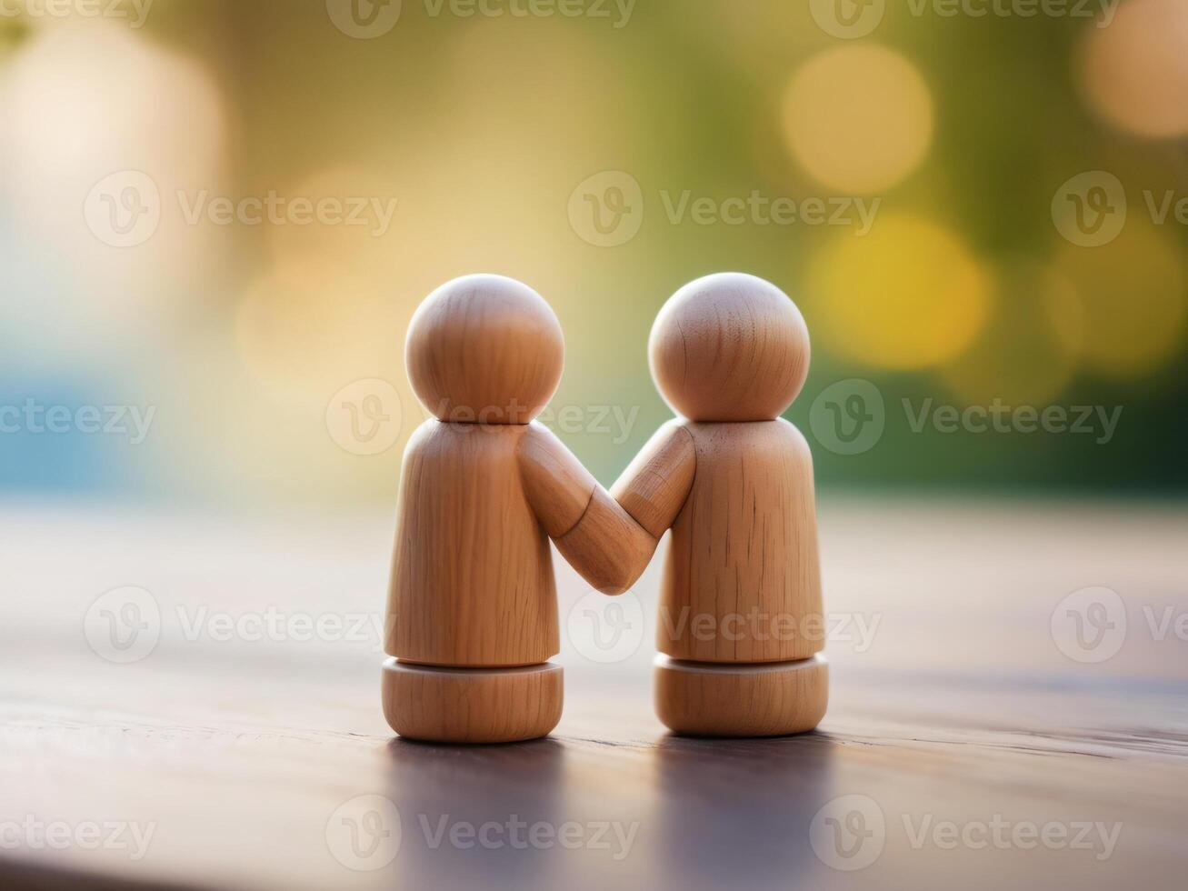 ai generiert Liebe Paar hölzern Zahl Modell- halten Hände auf draussen Tisch, Liebe Konzept Ideen Bild. foto