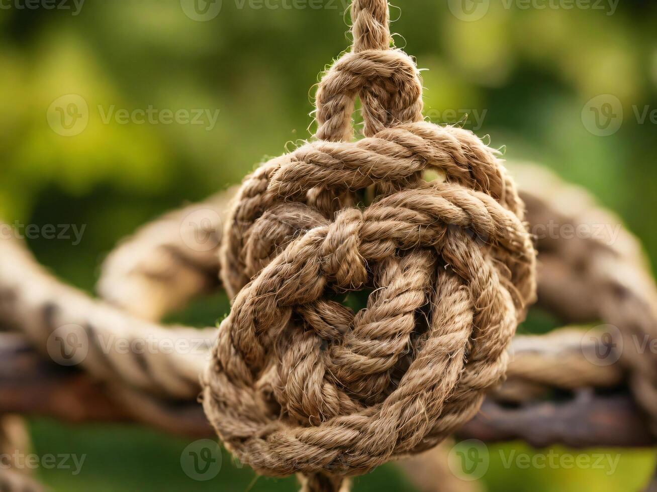 ai generiert ein Seil mit ein Komplex Knoten auf Garten Hintergrund foto