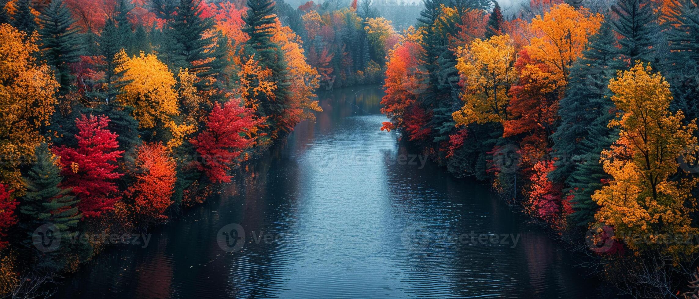 ai generiert Antenne Aussicht von Wicklung Fluss durch bunt Wald foto