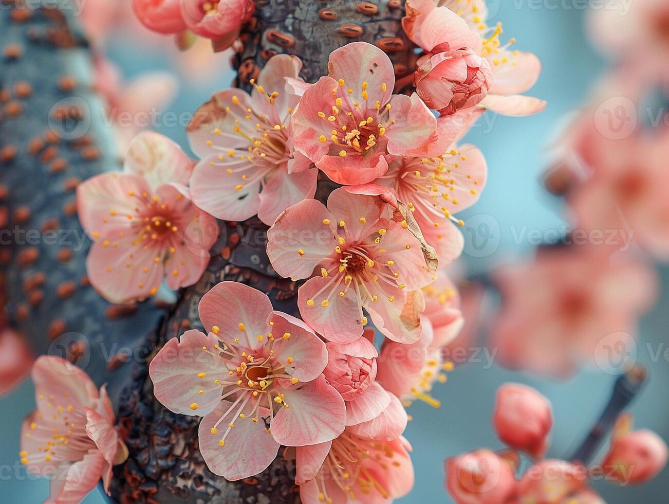 ai generiert Blühen Kirsche Blüten gegen Blau Himmel Ideal zum Frühling und Blumen- Themen. Rau Rinde Textur von ein alt Baum foto