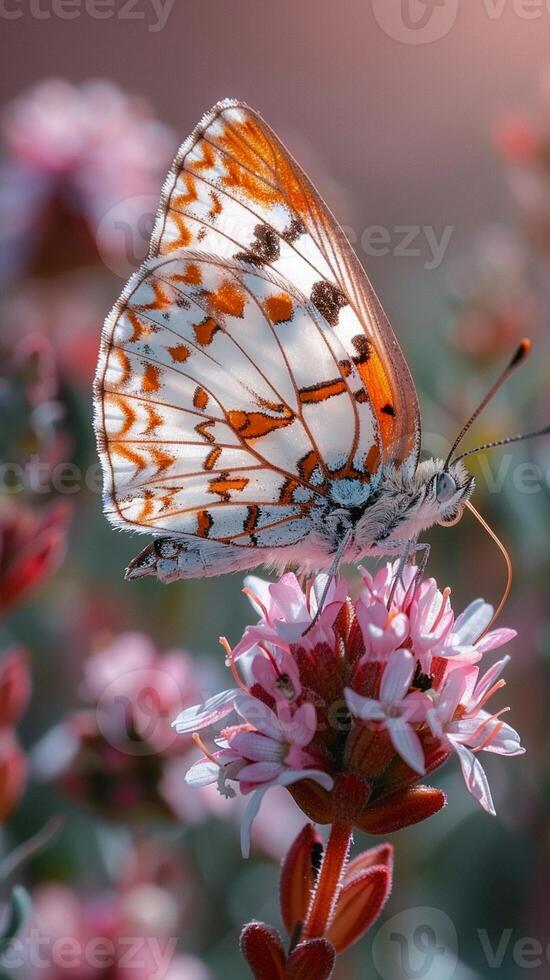ai generiert Nahansicht von ein Schmetterling ruhen auf ein Wildblume foto
