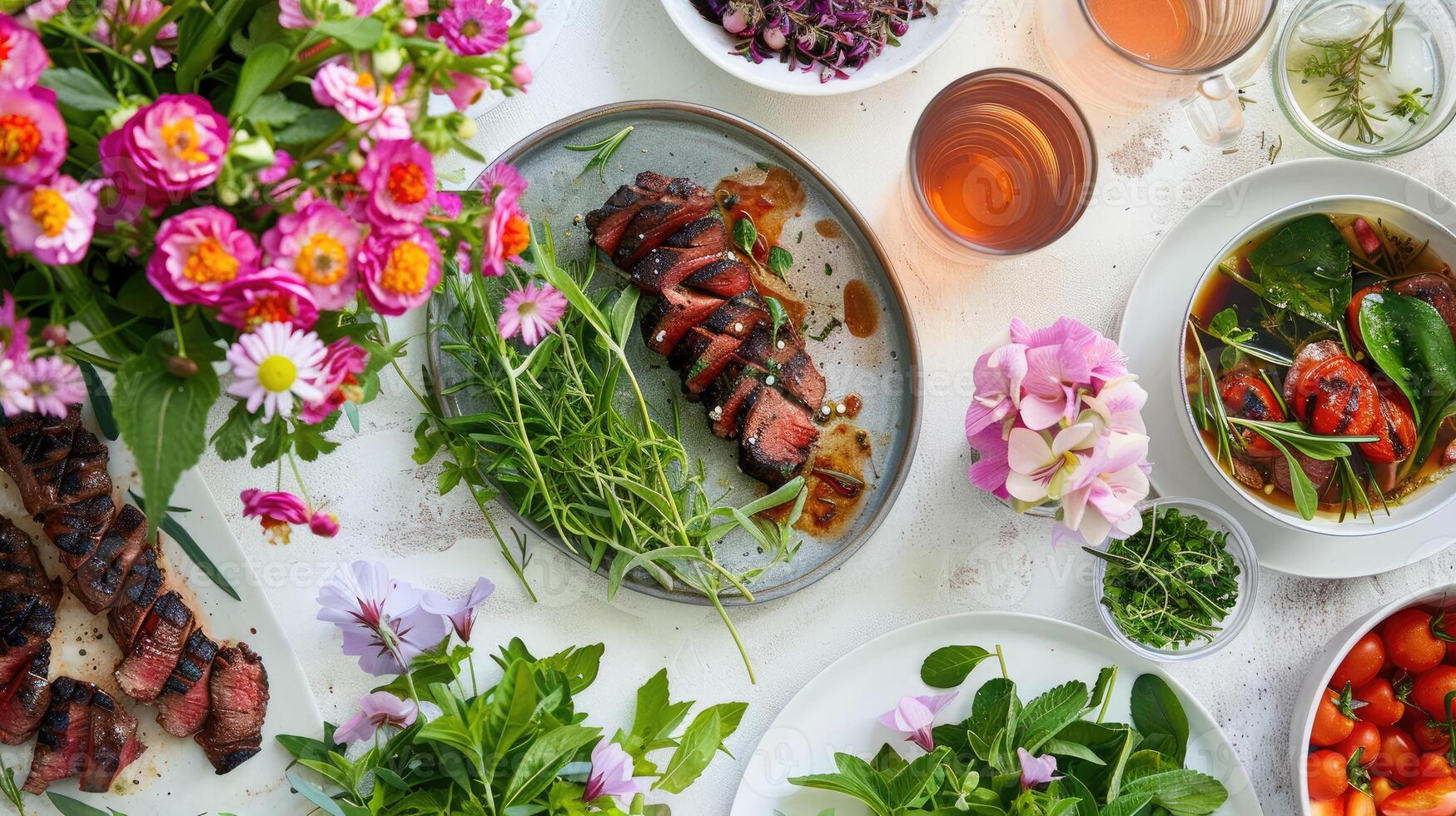 ai generiert Sommer- Essen Tabelle mit gegrillt Rindfleisch erfrischend Getränk Gemüse und Blumen foto
