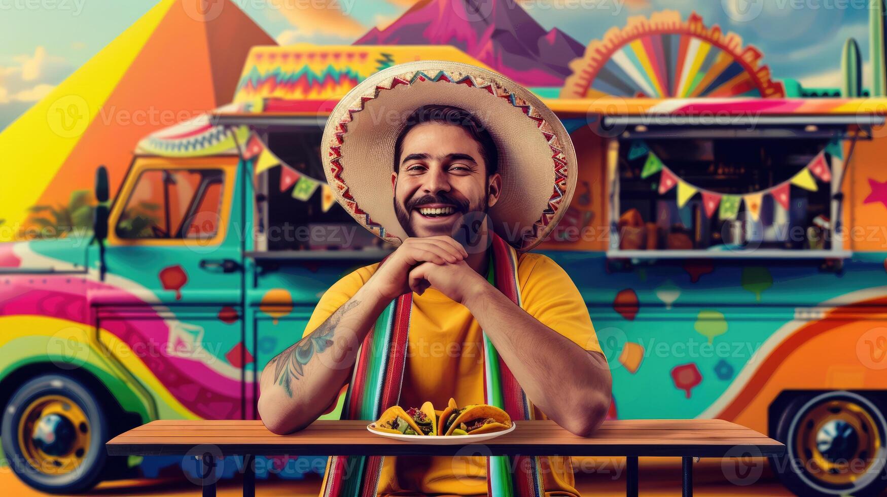 ai generiert glücklich Mann im Sombrero und Serape mit Teller von Tacos Sitzung gegen das Hintergrund von das beschwingt Essen LKW foto