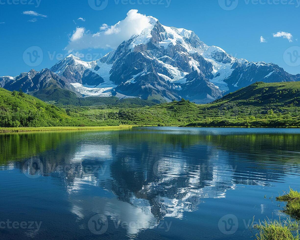 ai generiert ein schneebedeckt Berg reflektiert im ein kristallklar See foto