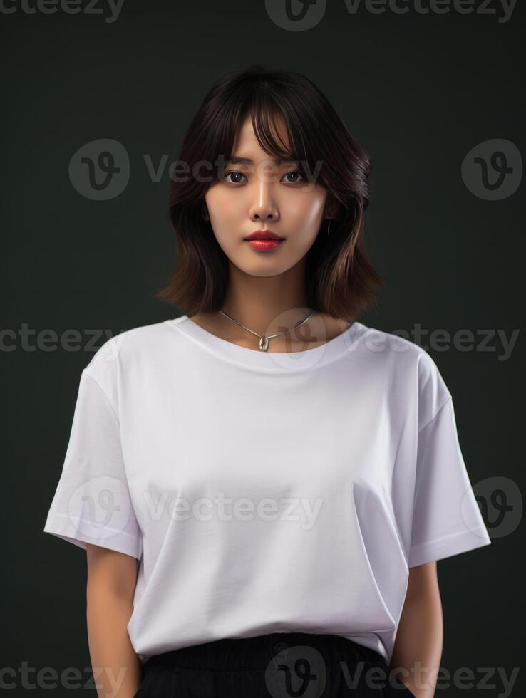 ai generiert Porträt von ein schön asiatisch Frau im Weiß T-Shirt foto