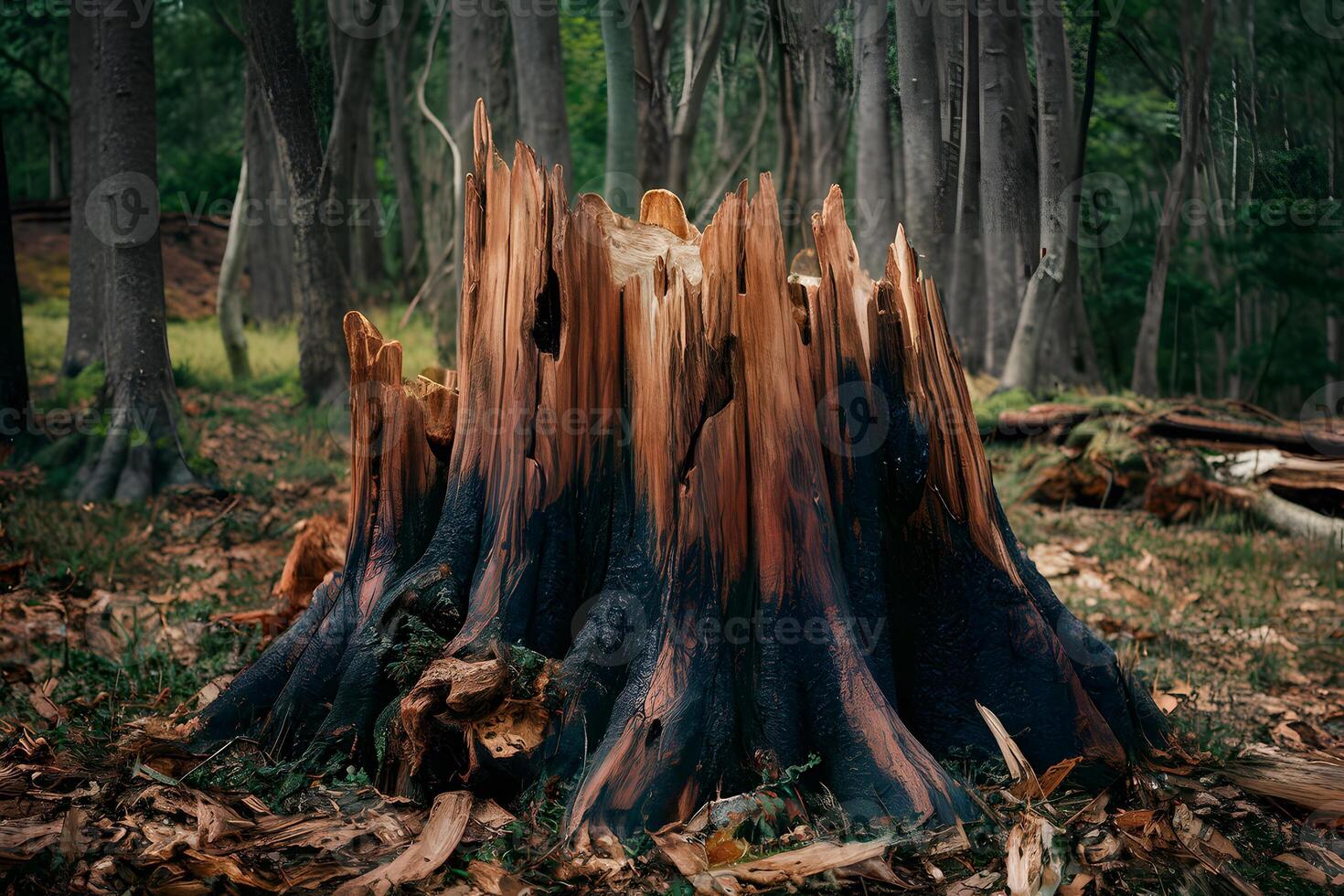 ai generiert alt Stumpf, Rest von fiel Baum Stamm, steht im Einsamkeit foto