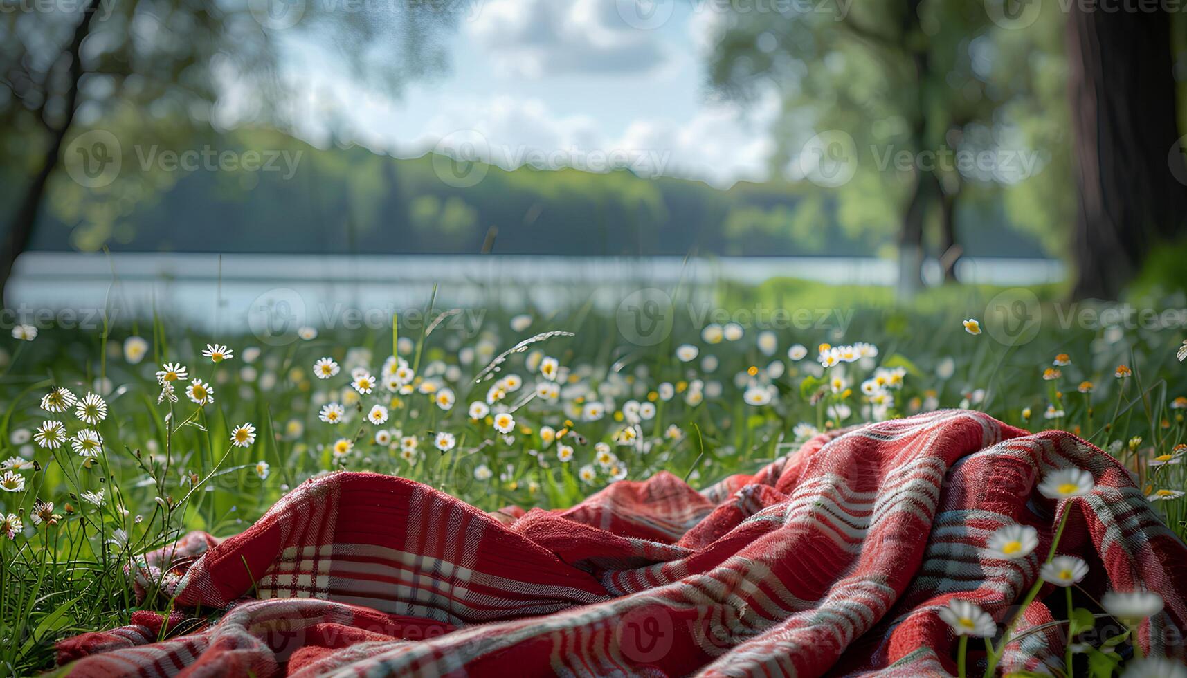 ai generiert Decke im das Grün Gras zum Picknick. Picknick Zeit während Sommer- Zeit im Natur. Nahansicht von Picknick Decke im Grün üppig Natur voll von Bäume und Blumen foto