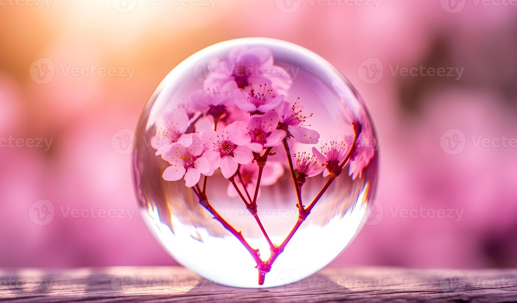 ai generiert ein Glas Ball im welche ein Ast von Kirsche Blüten ist reflektiert. foto