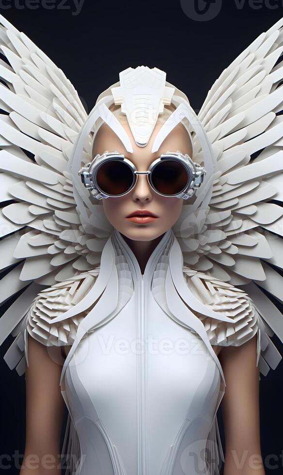 ai generiert jung Frau im Sonnenbrille tragen ein futuristisch passen foto