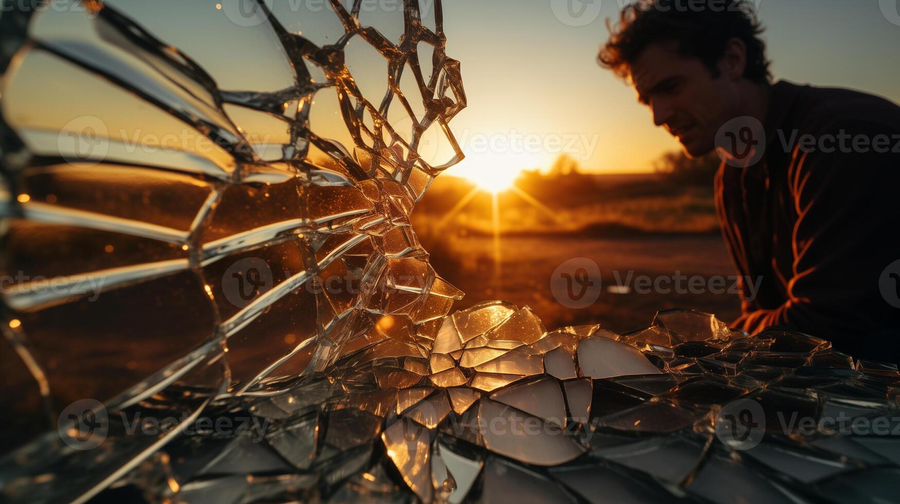 ai generiert gebrochen Beziehung Konzept. Sonnenuntergang leuchten ein des Mannes nachdenklich Ausdruck durch ein zerschlagen Glas Feld. Thema von Betrachtung und Kummer. foto