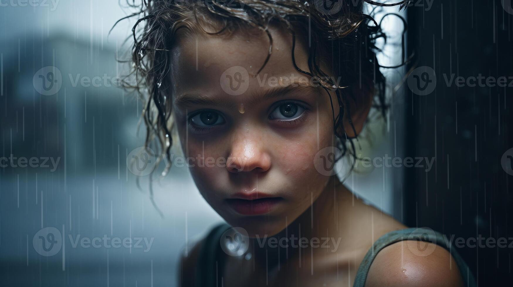 ai generiert Kind mit nass lockig Haar suchen aufmerksam im das Regen. emotional filmisch Porträt mit ein launisch städtisch Hintergrund. Design zum Geschichtenerzählen, Buch Abdeckung. foto