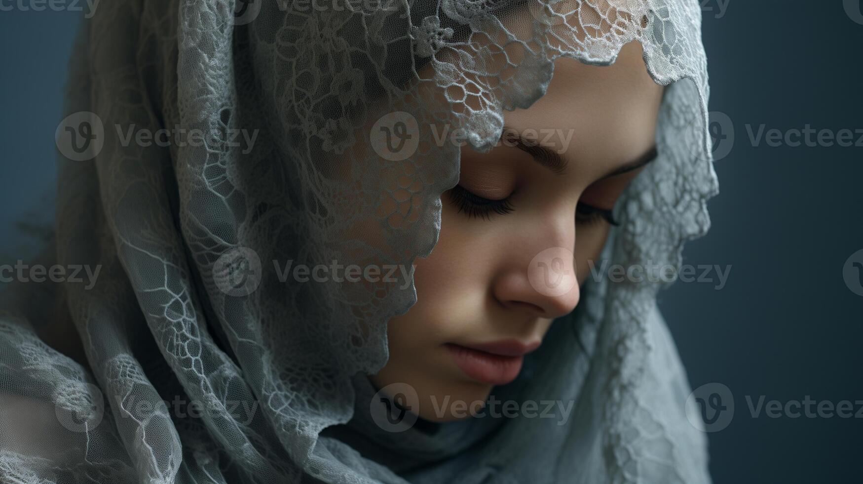 ai generiert Nahansicht Porträt von ein Muslim Frau mit Augen geschlossen bedeckt durch ein zart Spitze Schleier. Studio Fotografie mit ein heiter und rein Konzept zum Design und drucken. foto