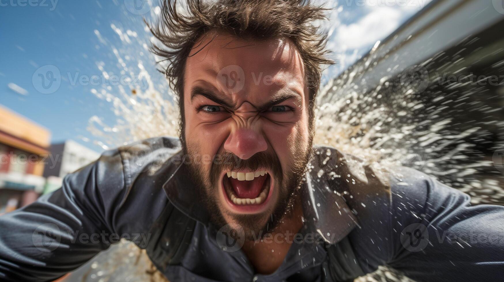 ai generiert heftig Emotion von ein Mann mit dynamisch Wasser spritzt gefangen im ein lebendig Aktion Schuss. foto