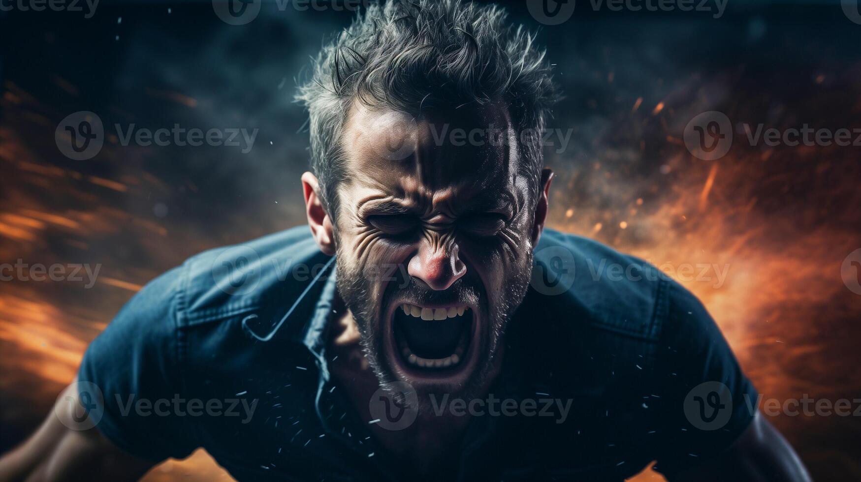 ai generiert wütend Mann schreiend, explosiv Funken und Feuer im das Hintergrund. hohe Energie, dramatisch und dynamisch Porträt. foto