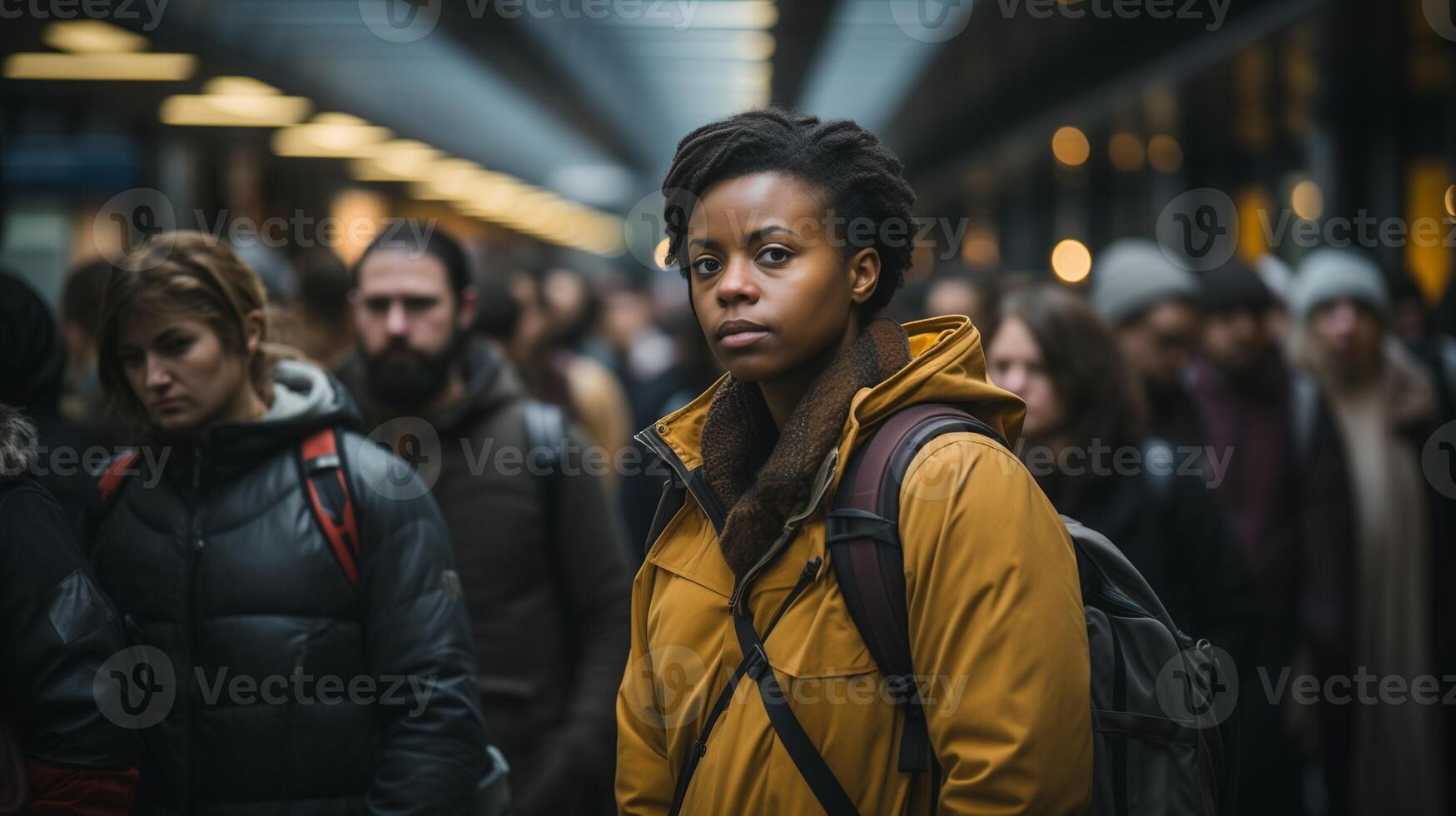 ai generiert traurig Frau beim Zug Bahnhof mit ernst Ausdruck, Menge im Hintergrund. Täglich pendeln und städtisch Lebensstil Metro Problem Konzept. foto