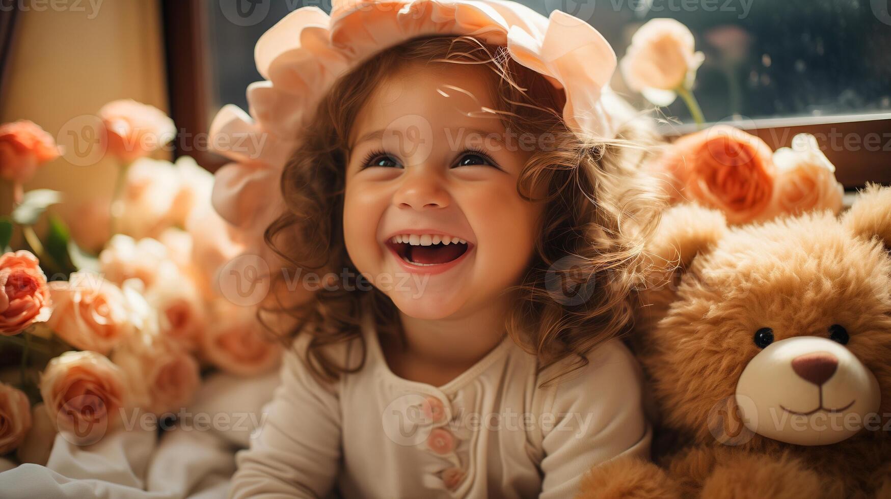 ai generiert froh Kind mit lockig Haar umgeben durch Rosen und Teddy tragen. Glück und Kindheit Konzept. Design zum Kinder- Buch Abdeckung, Gruß Karte, Poster foto