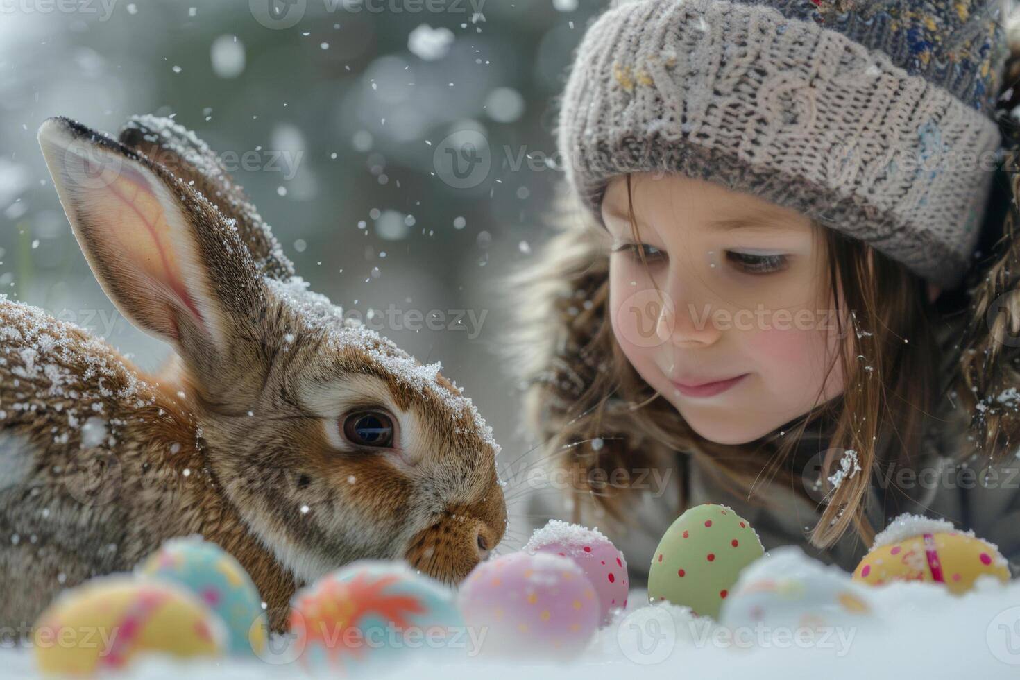 ai generiert neugierig Kind beobachten ein schneebedeckt Hase mit Ostern Eier foto