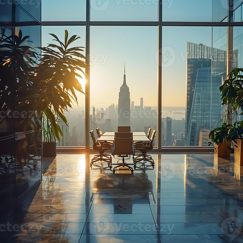 ai generiert modern Büro mit Panorama- Aussicht von Stadt Horizont beim Sonnenuntergang foto