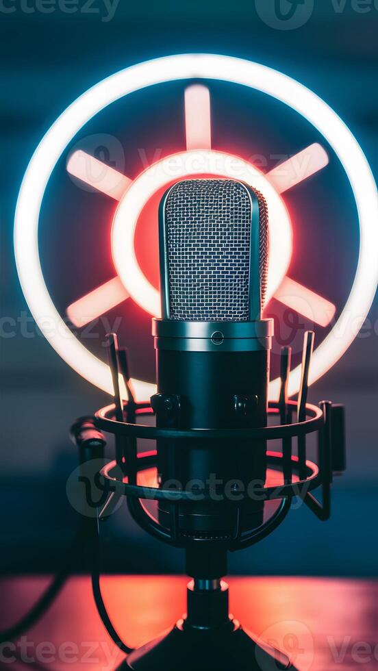 ai generiert stockphoto Studio Podcast Mikrofon auf verschwommen Neon- Hintergrund, Rundfunk- Ausrüstung Foto Vertikale Handy, Mobiltelefon Hintergrund