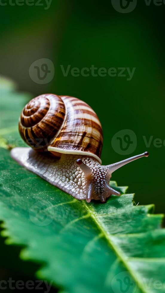 ai generiert Schnecke kriecht entlang Blatt, präsentieren kompliziert Einzelheiten im Makro Aussicht Vertikale Handy, Mobiltelefon Hintergrund foto