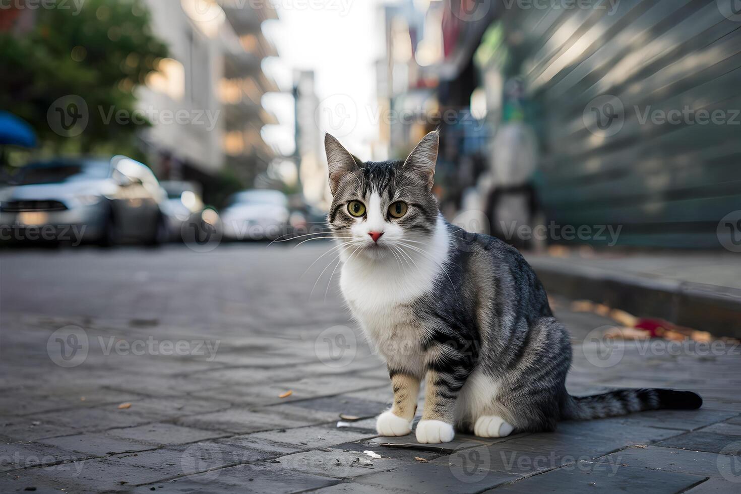 ai generiert verschwommen Hintergrund Highlights klein thailändisch Katze im charmant städtisch Rahmen foto