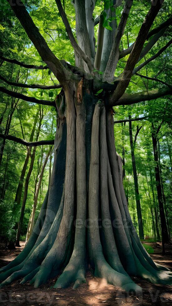 ai generiert dick Kofferraum von hoch Baum im Stadt Park, städtisch Natur Foto Vertikale Handy, Mobiltelefon Hintergrund