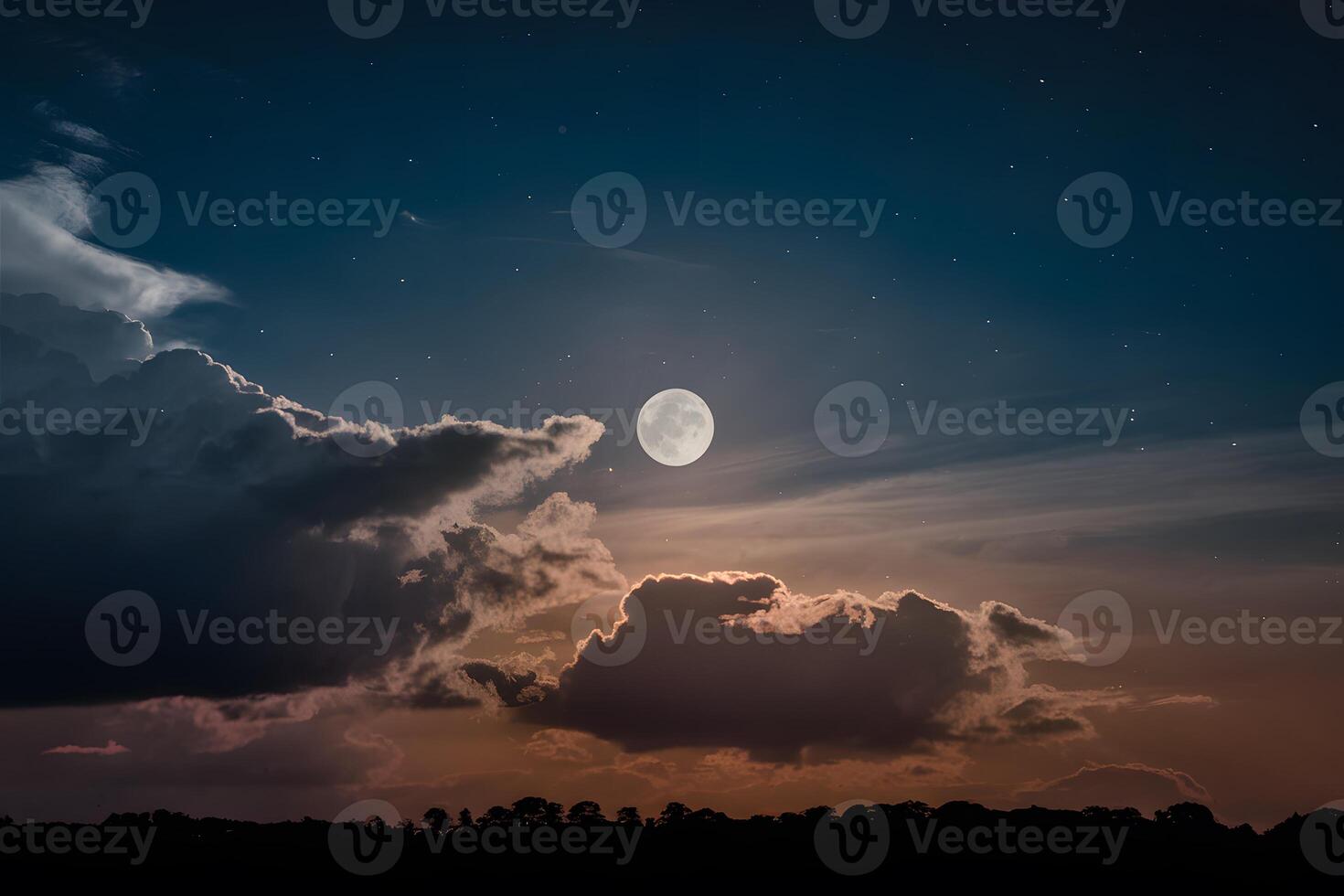 ai generiert Mondlicht Abgüsse glühen auf Nacht Himmel mit Wolken foto